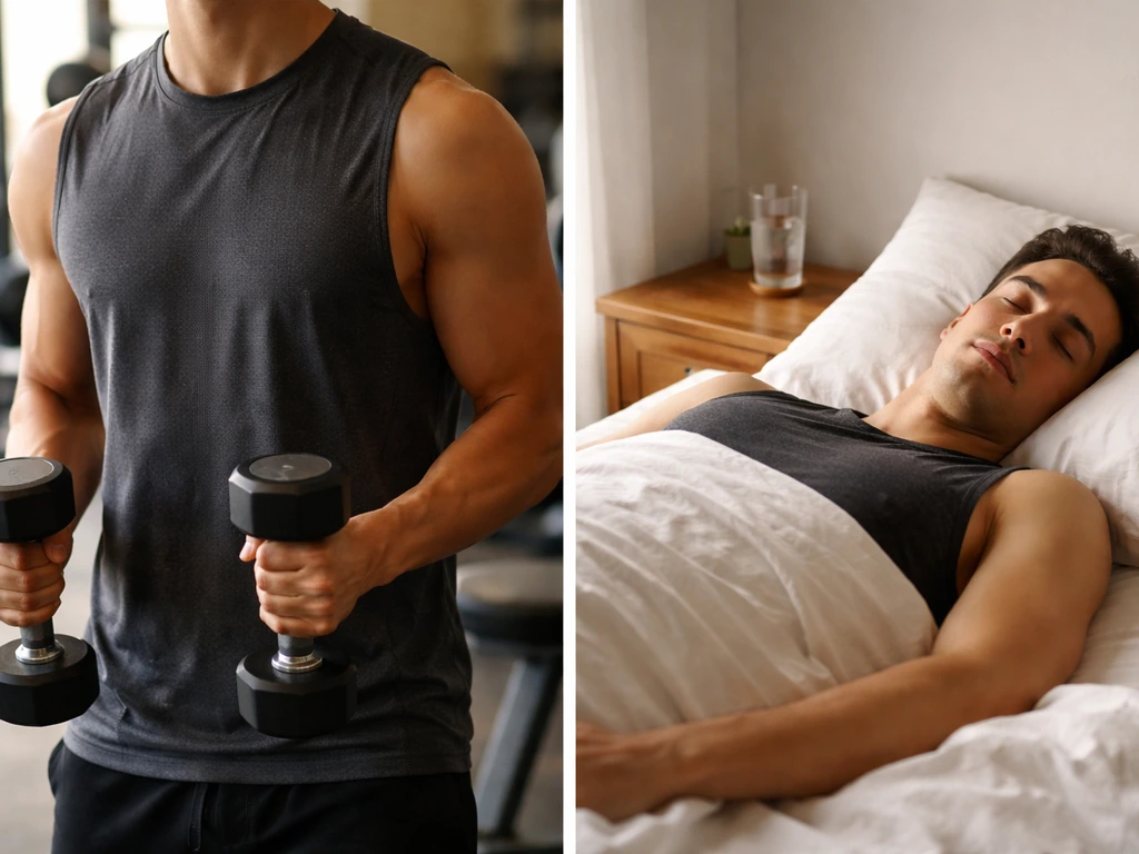 Split image: light dumbbell workout in the gym vs a calm recovery moment with sleep at home.