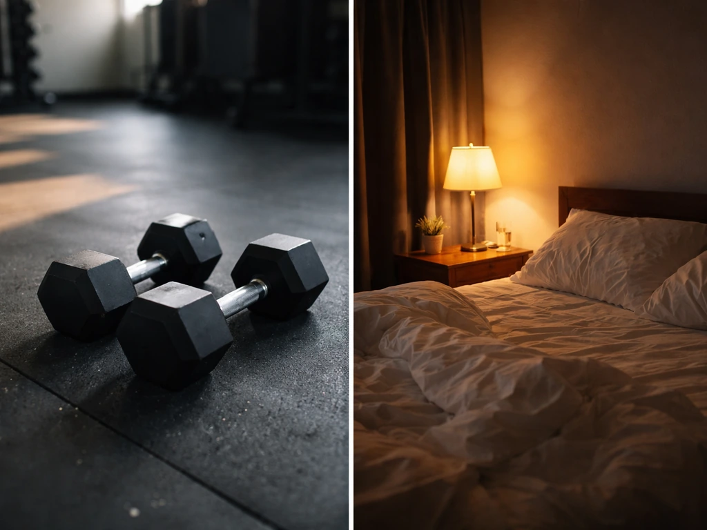 Split-scene of gym dumbbells with faint wear marks and a quiet night bed setting symbolizing training and recovery.