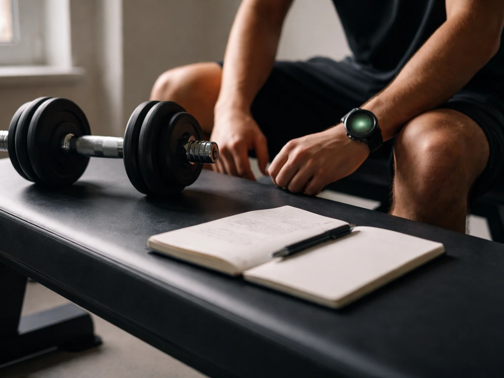 Gym recovery check scene with a smartwatch readiness display and a notebook near dumbbells