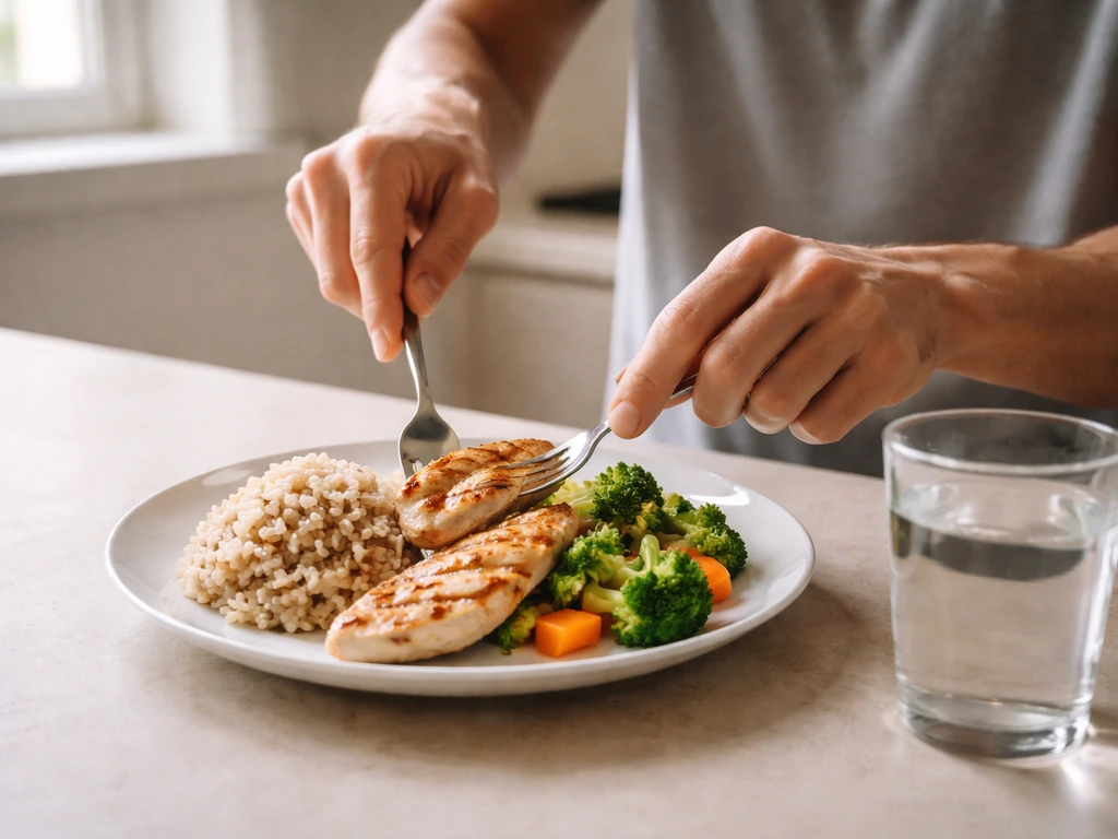 Protein-rich meal with carbs on a kitchen counter, suggesting rest-day nutrition after training.