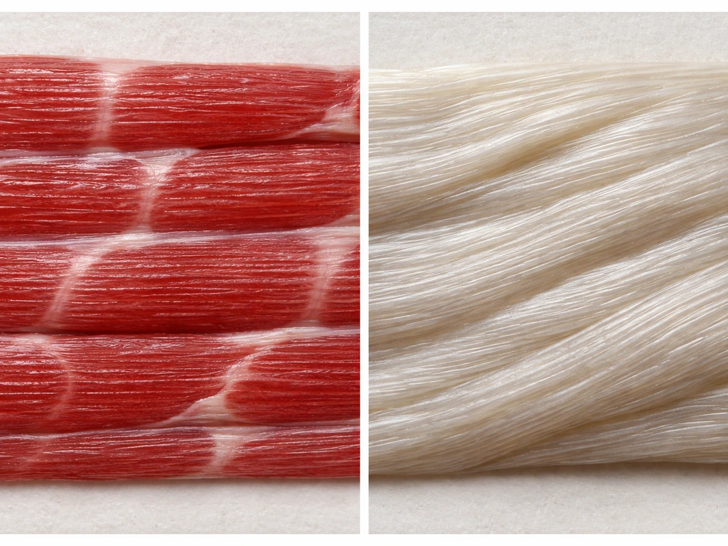 Macro photo-like view comparing striated muscle fibers and collagen-rich tendon bundles side by side.