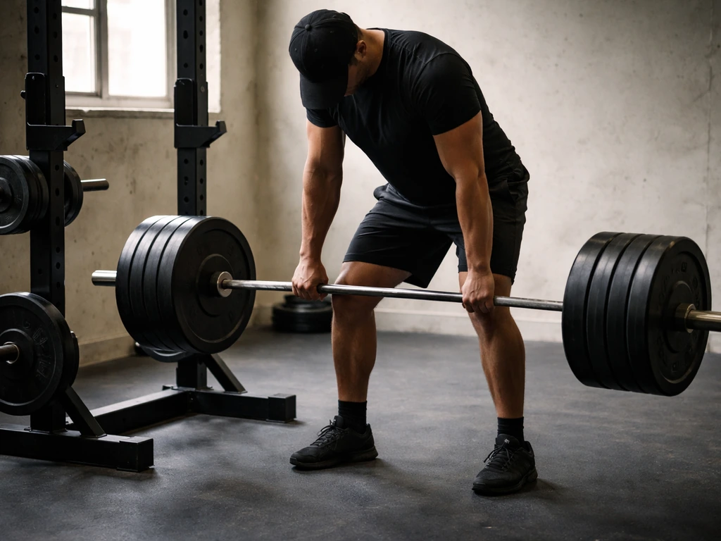 Lifter in a minimalist gym holding a barbell near a rack, suggesting tendon vs strength timing risk.
