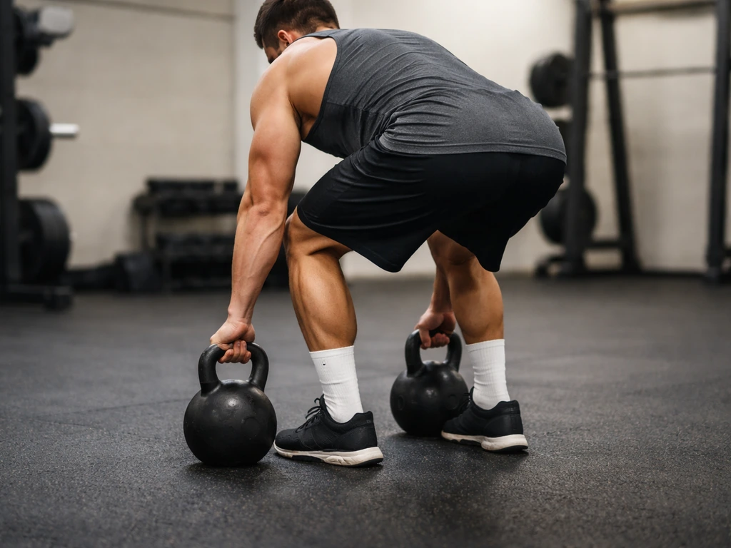 Gym scene showing a lifter performing a slow deadlift with kettlebells, emphasizing tendon-focused training.