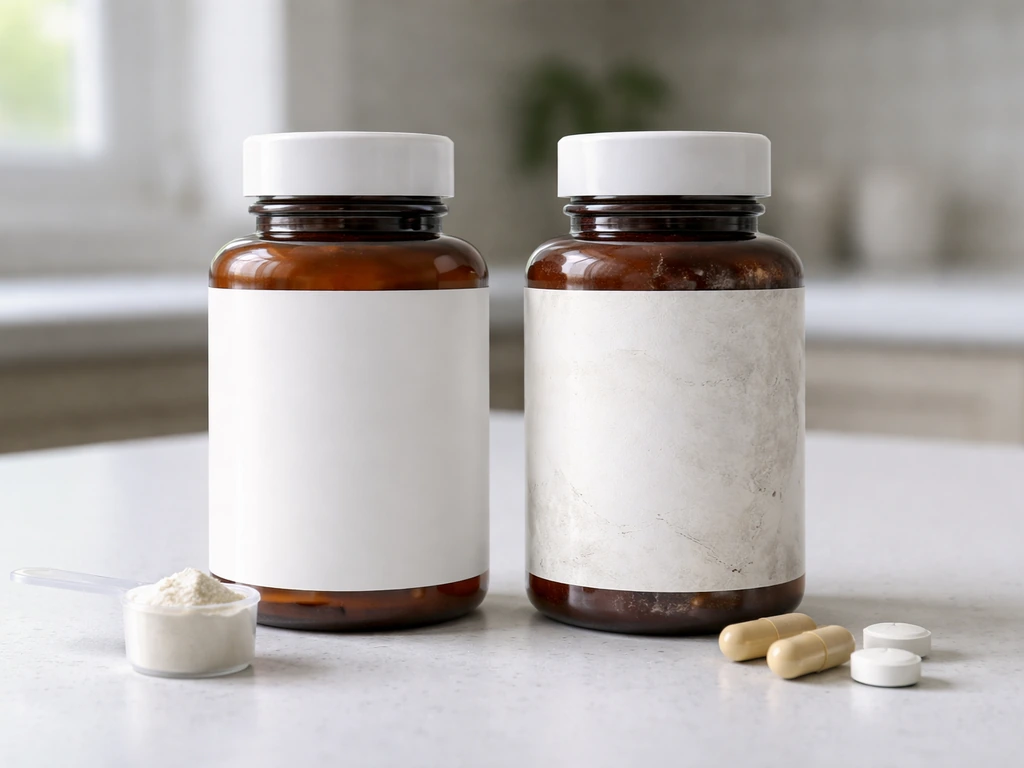 Two unlabeled supplement bottles side-by-side on a countertop, contrasting pristine vs scuffed, under natural light.
