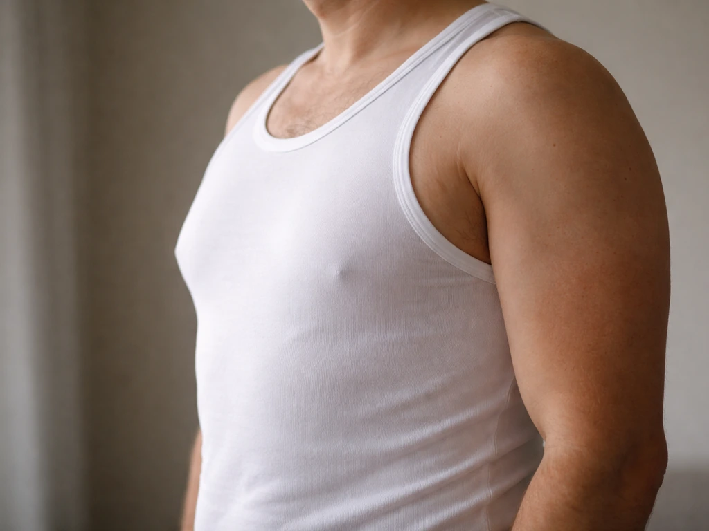 Anonymous male torso in a plain tank top, softly lit to emphasize enlarged chest tissue.