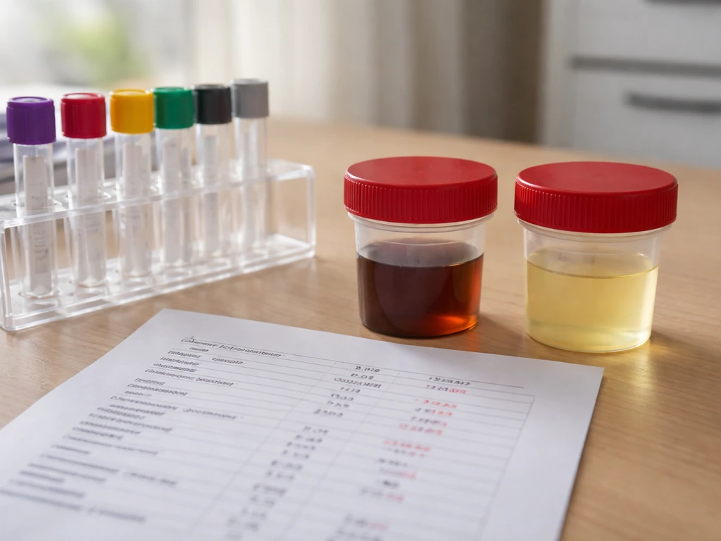 Close-up of medical specimen bottles and a plain lab requisition page with abnormal liver and kidney markers.