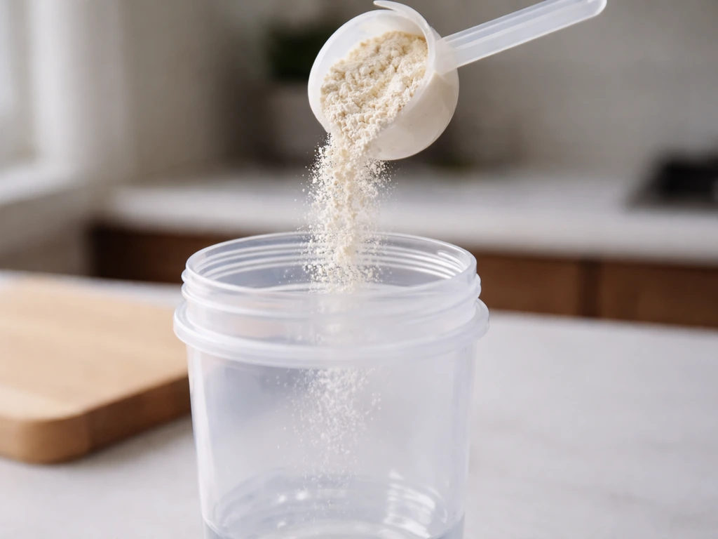 Close-up of body grow powder being poured from a scoop into a shaker on a kitchen counter.
