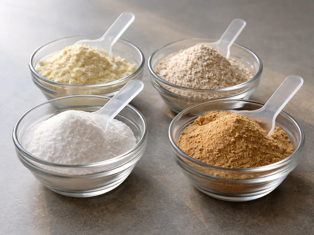 Four separate glass bowls with different supplement powders on a plain tabletop.