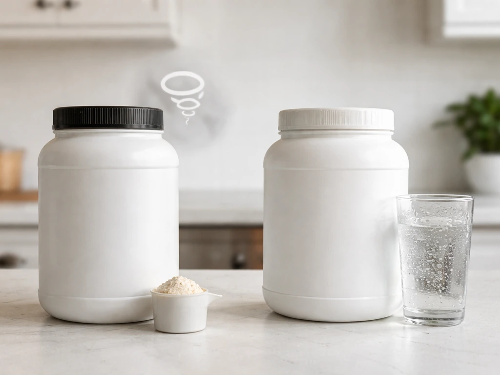 Minimal photo showing a whey container with an upset stomach cue and a creatine container with water retention cue