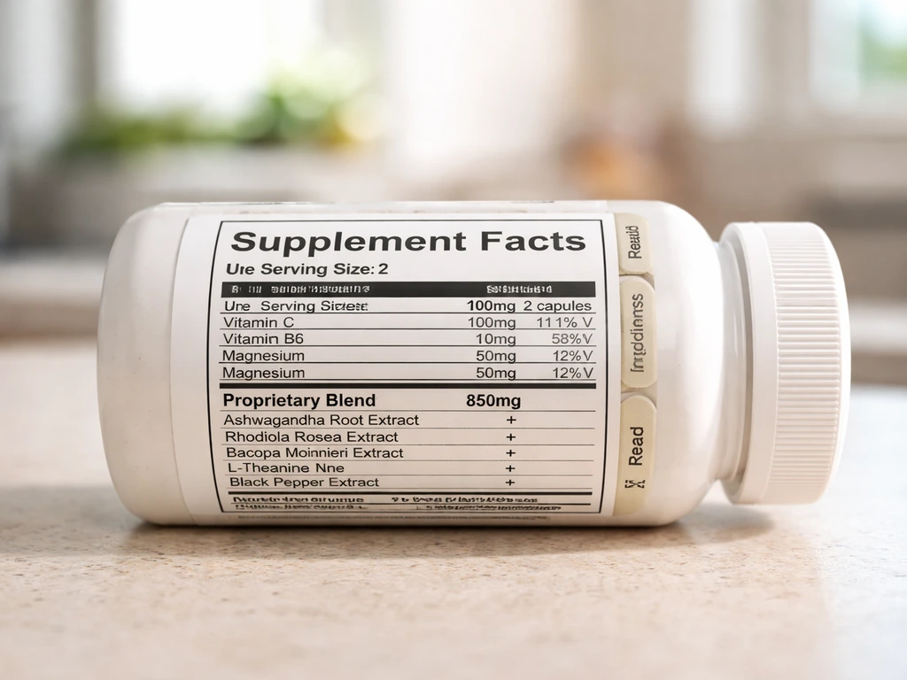 Close-up of a supplement bottle label showing a Supplement Facts panel and ingredient list on a counter