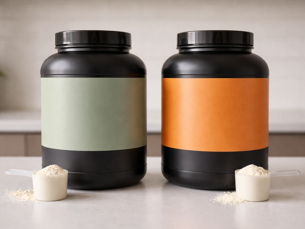 Close-up of two protein powder canisters, one whey concentrate and one whey isolate, on a kitchen counter.