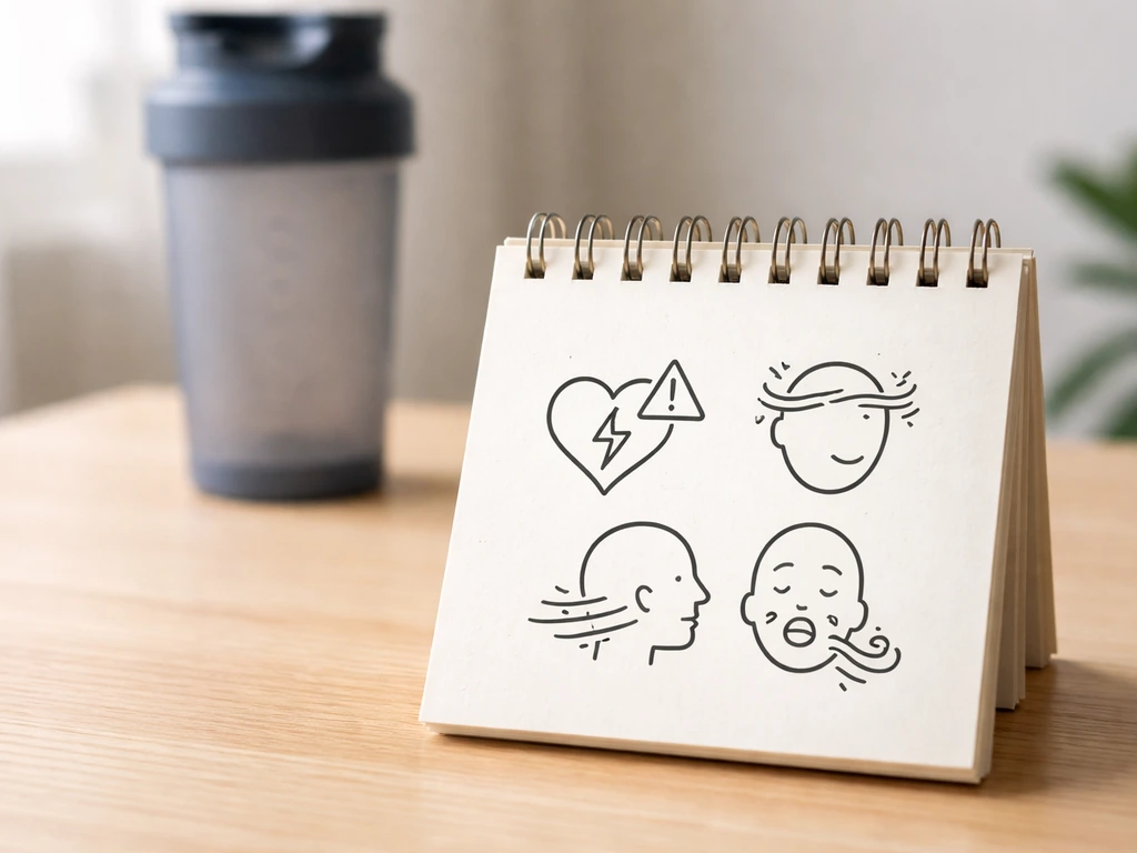 Supplement shaker on a table with three warning pictograms for chest pain, dizziness, and allergy signs.