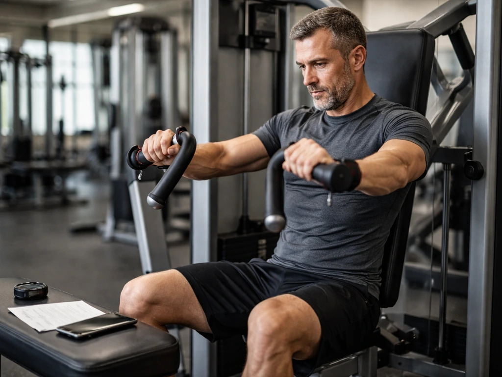 Anonymous 40+ person doing a hypertrophy set on a gym machine with a timer and blank notes beside them.
