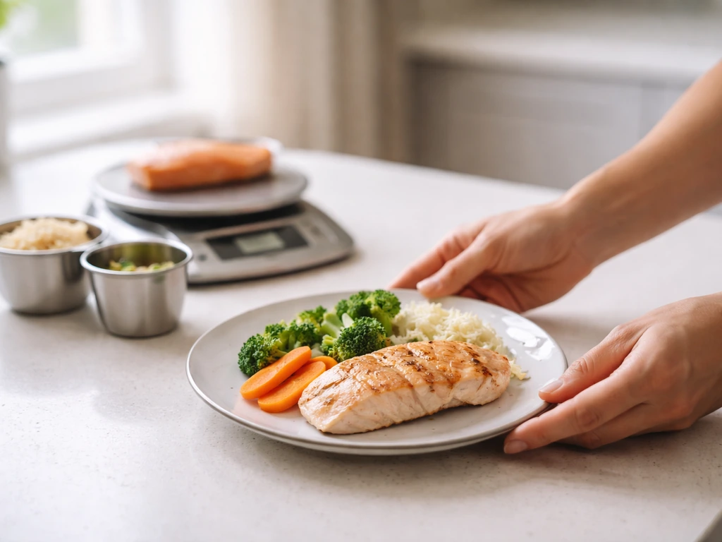 High-protein meal prep on a kitchen counter with plated lean protein and measuring tools nearby