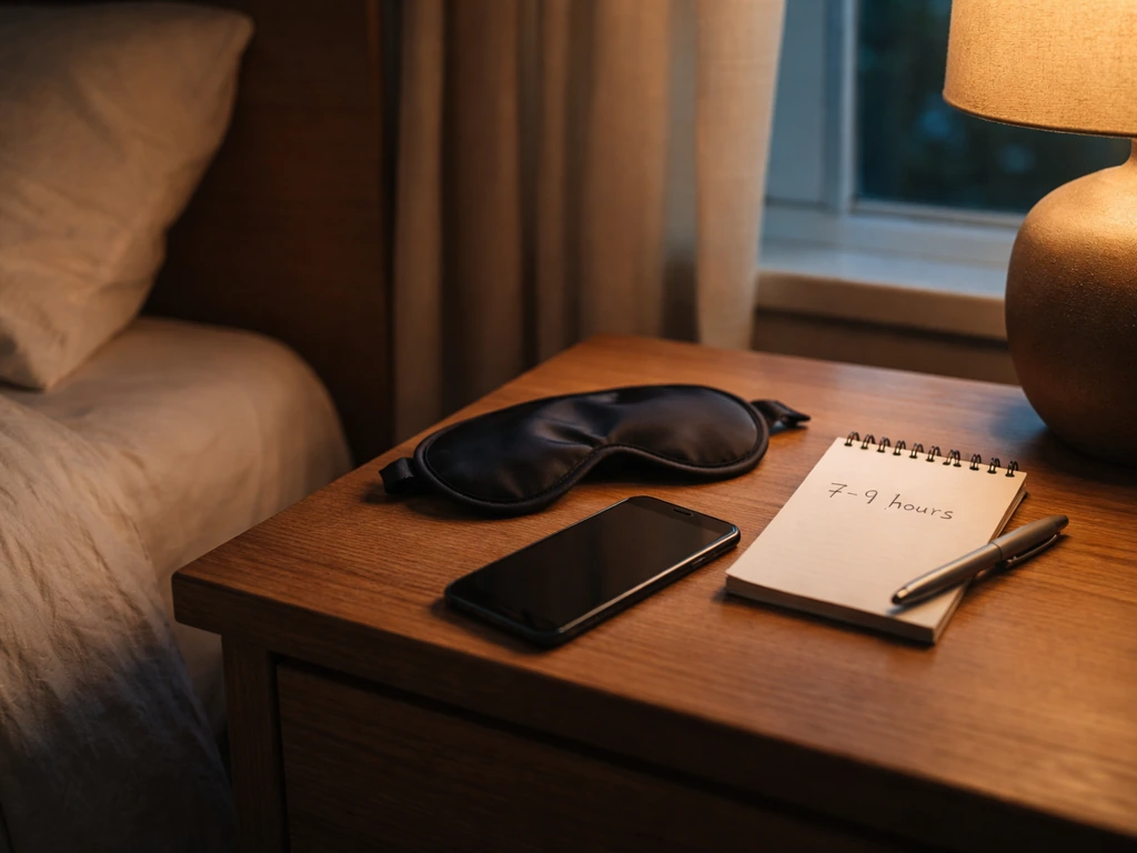 Cozy bedroom nightstand with a sleep mask, dark phone, and a note indicating 7–9 hours sleep