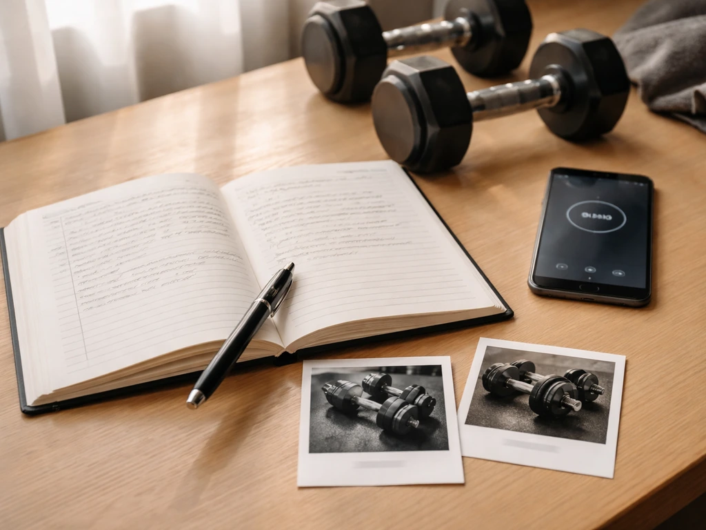 Minimal home-gym desk with an open training logbook and two photo cards showing different training stages.