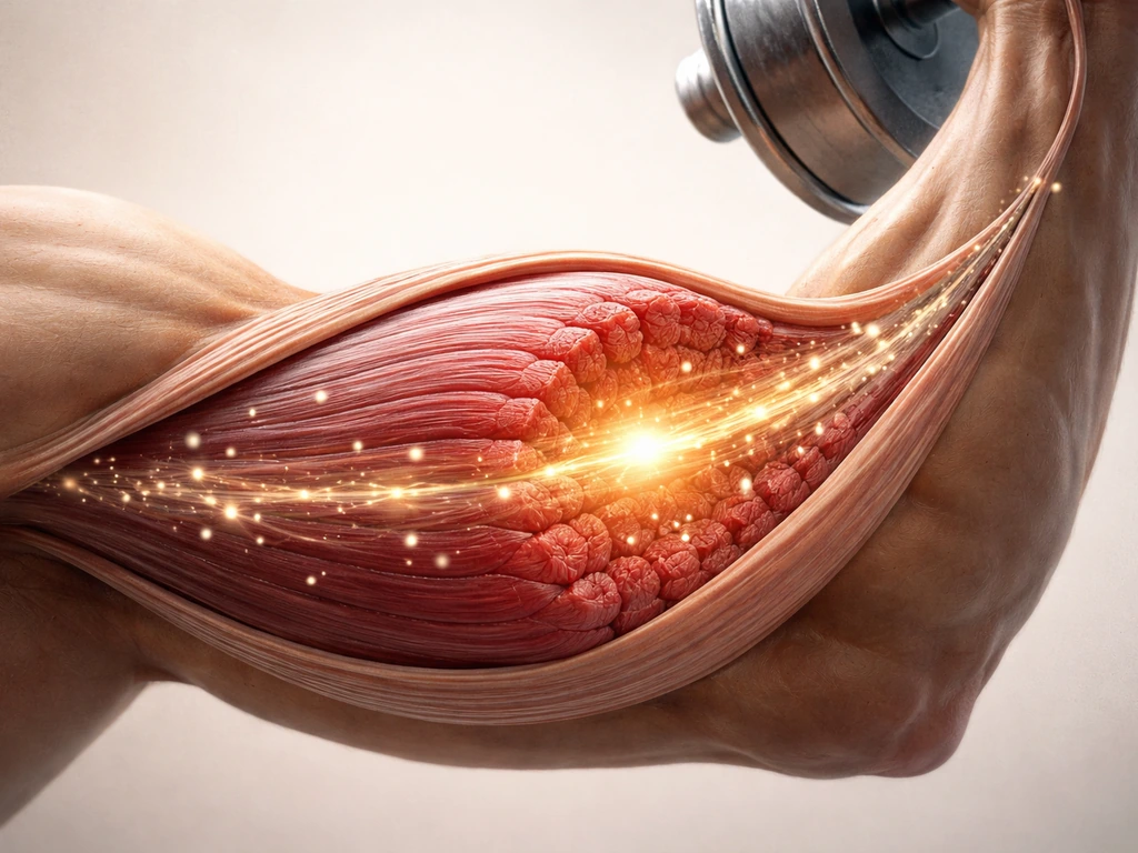 Cutaway view of a contracting bicep under load, showing tightening fibers and subtle activation cues.