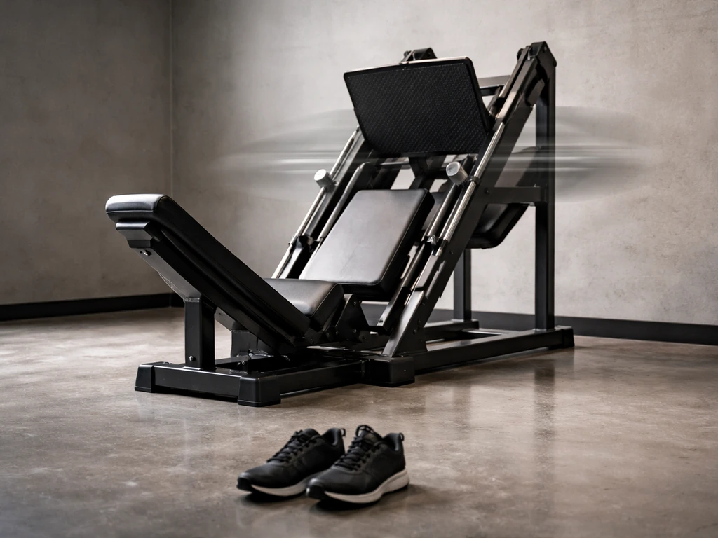 Empty leg press machine in a bright gym, implying workout focus on range of motion and rep control.