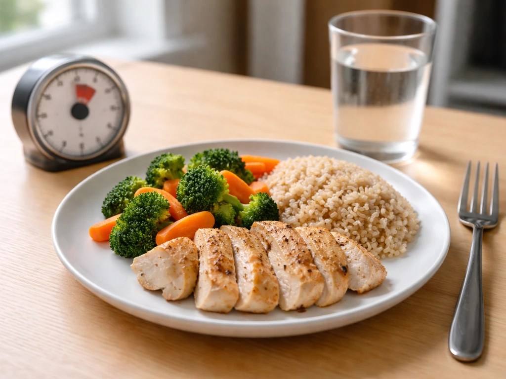 Balanced meal plate with lean protein and carbs next to an analog kitchen timer on a table.