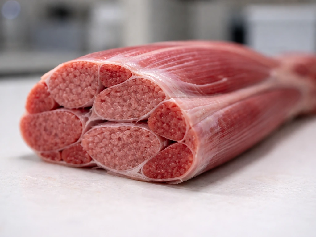 Macro lab photo showing layered skeletal muscle structure resembling muscle, fascicles, and fibers.