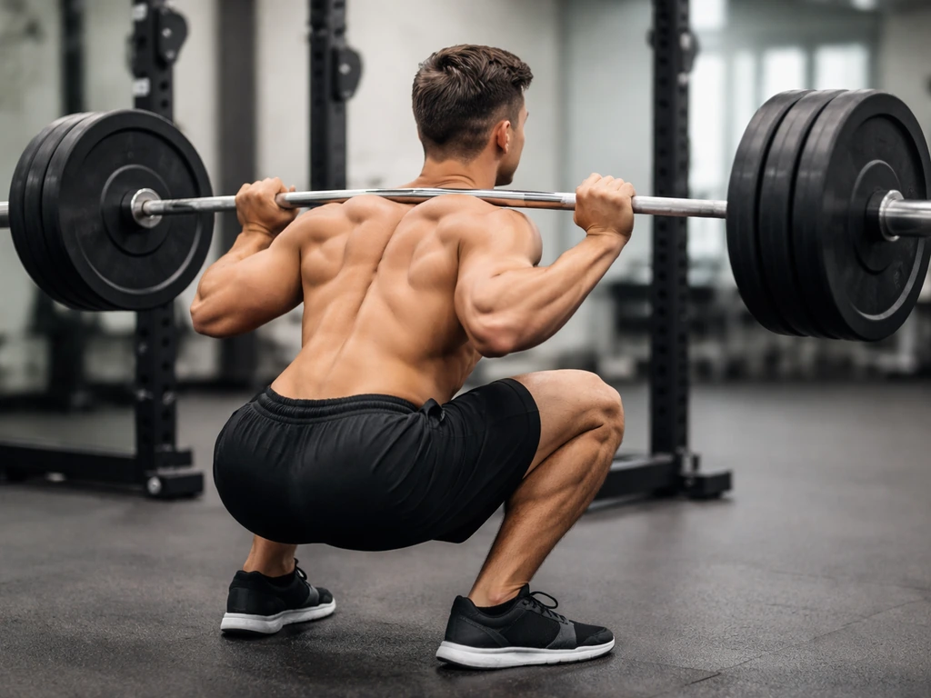 Anonymous athlete doing a controlled barbell back squat, showing strong mechanics and resistance.
