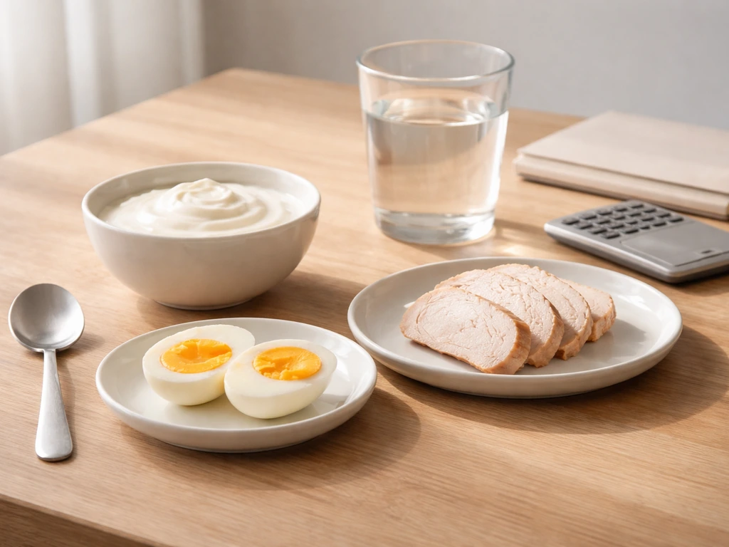 Minimal still life of Greek yogurt, boiled eggs, lean meat, and water on a wooden table for muscle nutrition