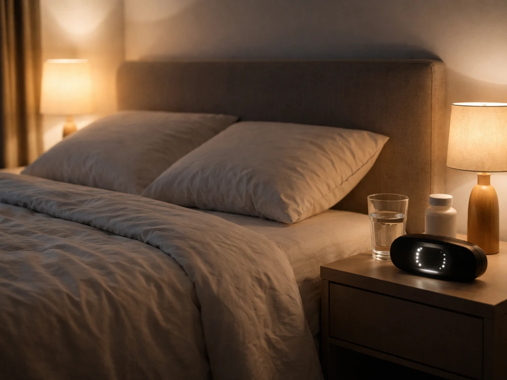 Quiet bedroom at night with a glowing bedside clock and glass of water for recovery and sleep