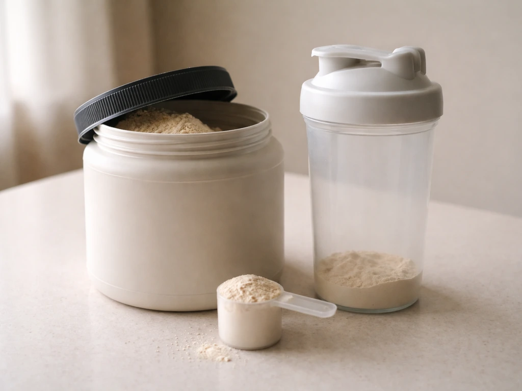 Powder supplement tub with scoop and a clear shaker bottle on a simple tabletop background.