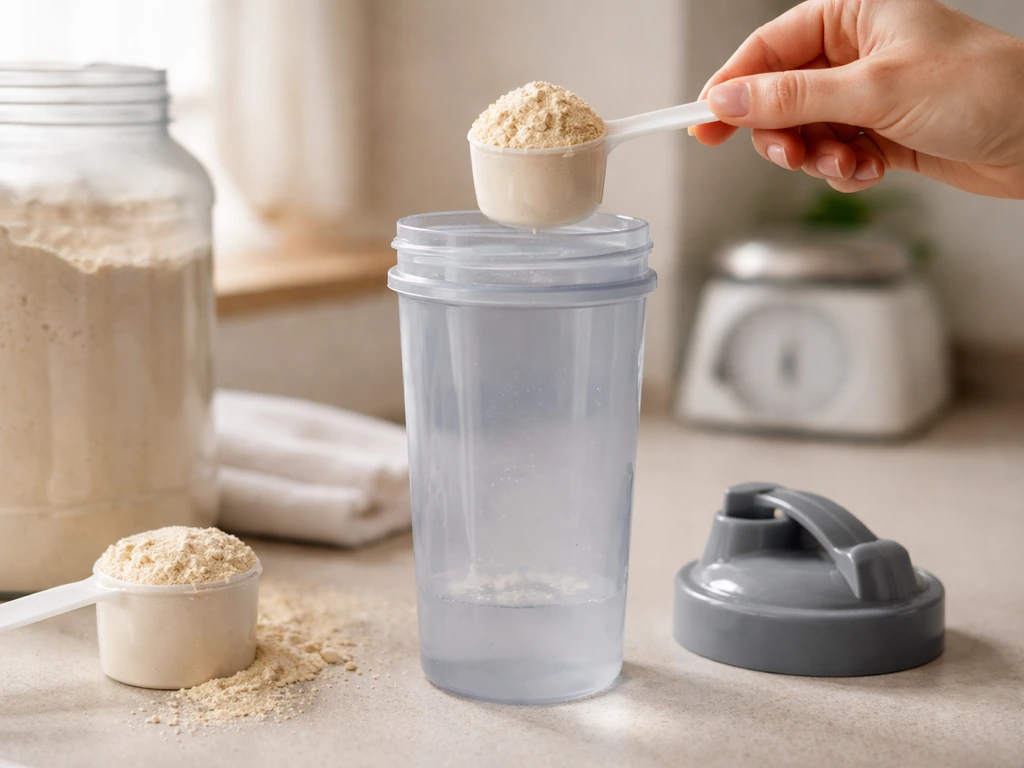 Close-up of a clear shaker and leveled scoop of protein powder on a kitchen counter.