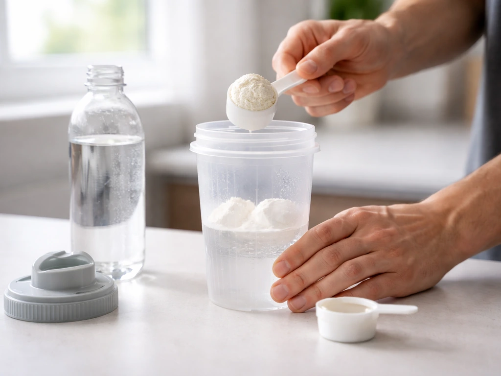 Close-up of an empty shaker with three scoops measured over a scoop beside water and milk bottles