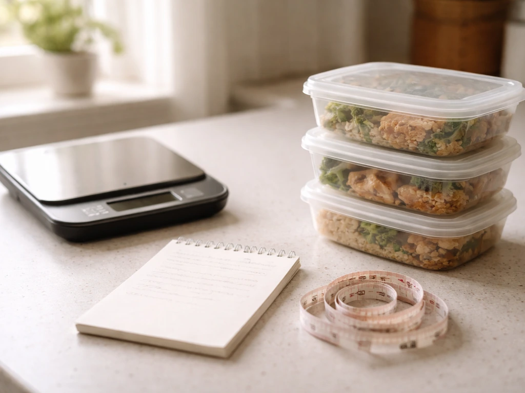 Kitchen scale beside meal prep containers with a handwritten weight log and a small tape measure on a countertop.