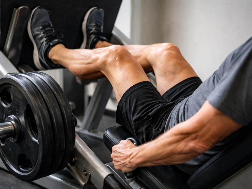Older adult performing a leg-press with controlled tempo, weights increasing, in a quiet gym.