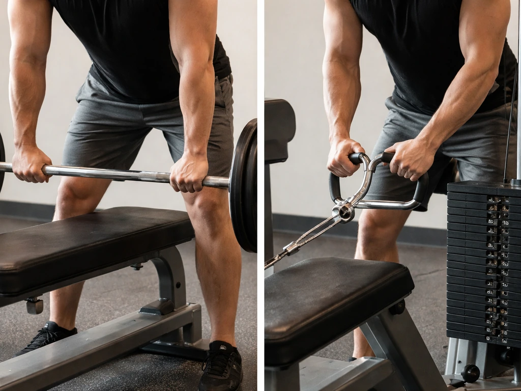 Minimal gym scene showing barbell row setup next to machine-only row variation for exercise selection.