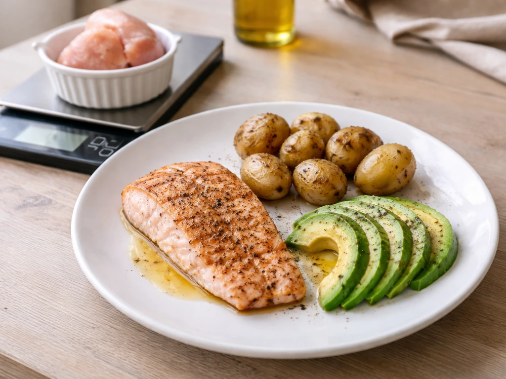 Close-up of a simple meal plate with measured lean protein, carbs, and healthy fat on a table.
