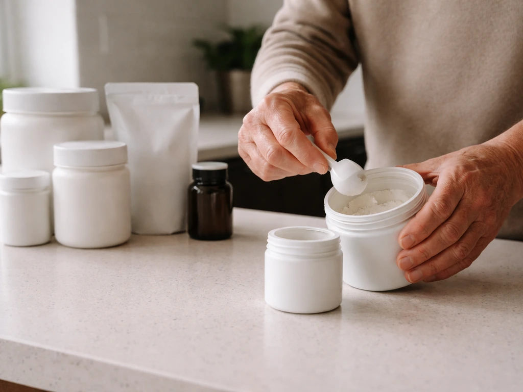 Anonymous hands measuring creatine dose with separate groups of unbranded supplement jars for help vs skip.