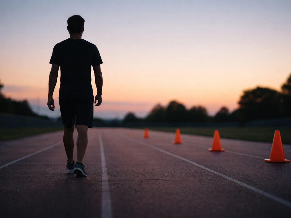 Simplified photo of an athlete silhouette walking past a series of milestones on a quiet track at dusk