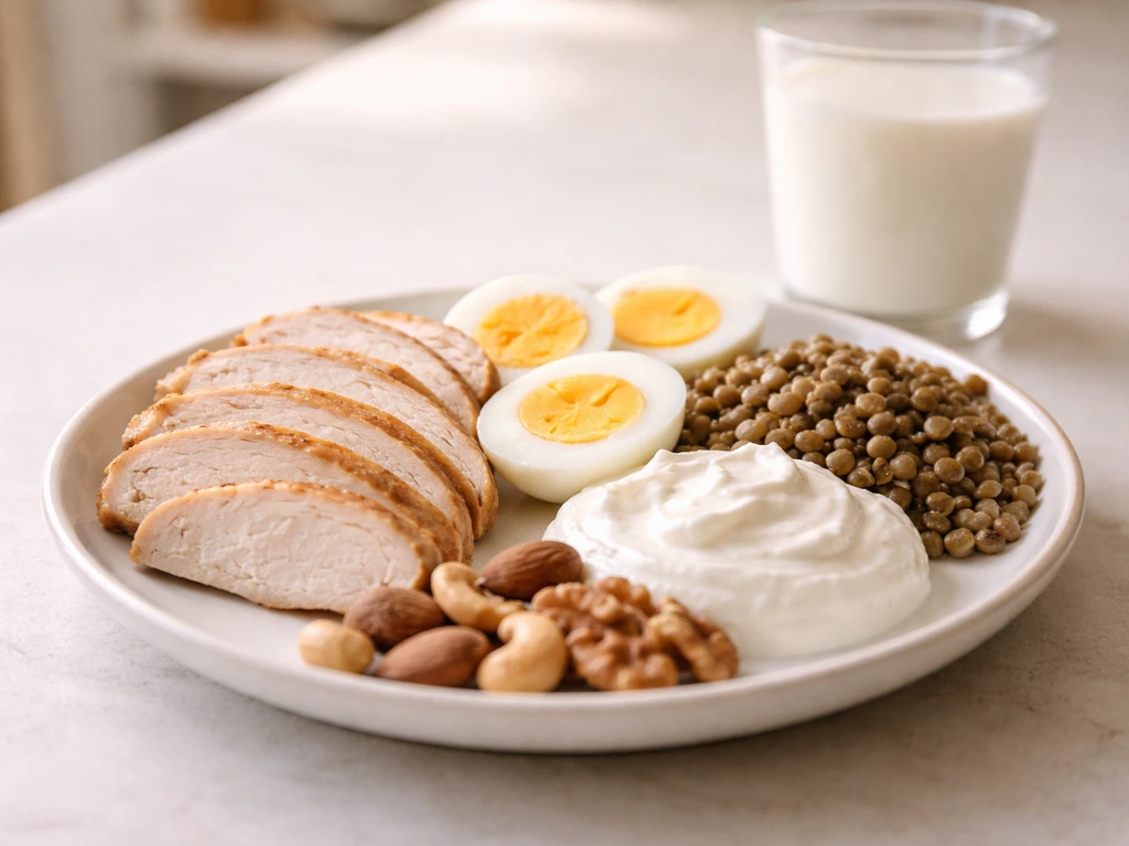 Close-up of a simple plate with protein-rich foods for teen muscle growth during puberty