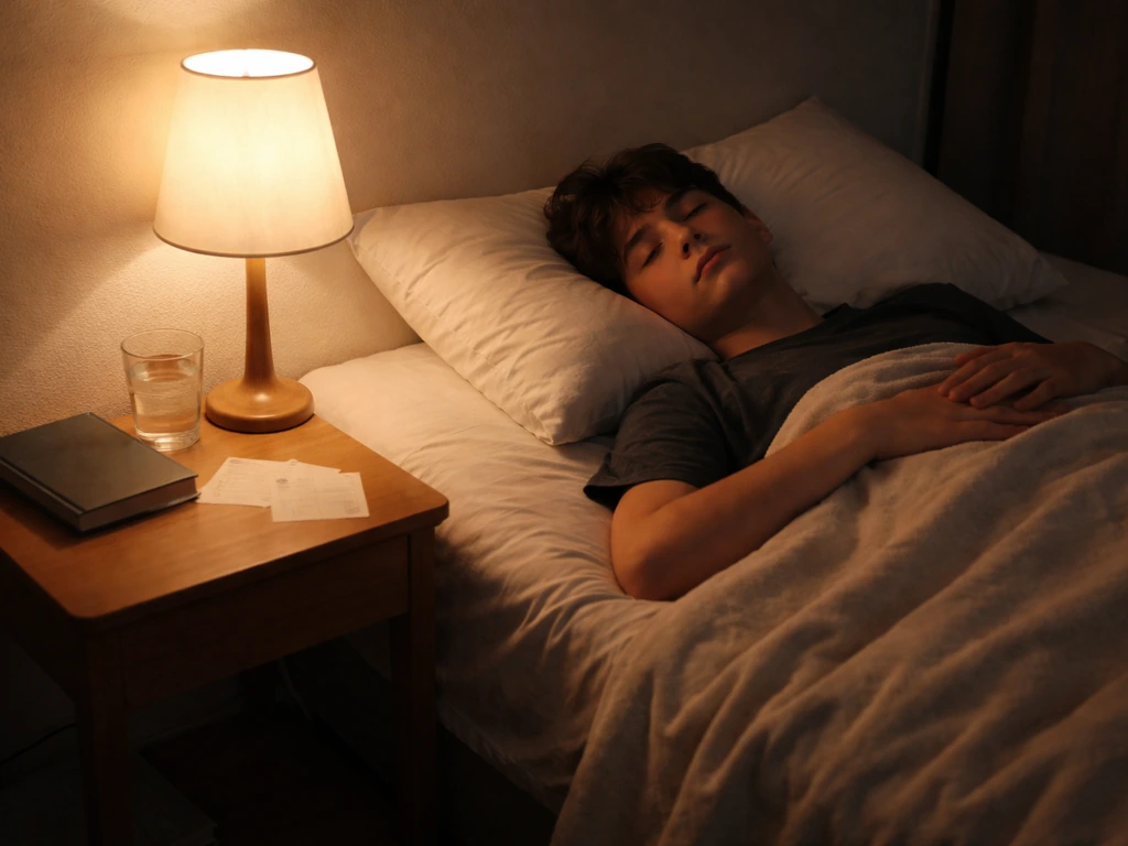 Teen resting in a quiet bedroom at night, sheets tucked, recovery and sleep concept implied