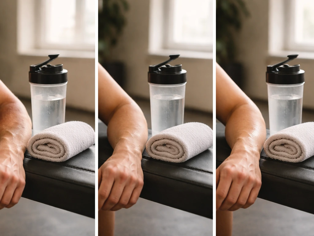 Anonymous arm on a bench with towel and water bottle, suggesting early-to-later recovery phases.
