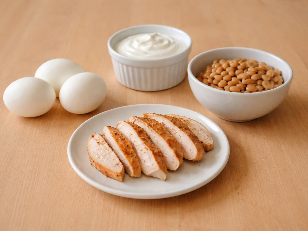 Minimal meal plate with chicken, eggs, Greek yogurt, and beans arranged to emphasize protein intake.
