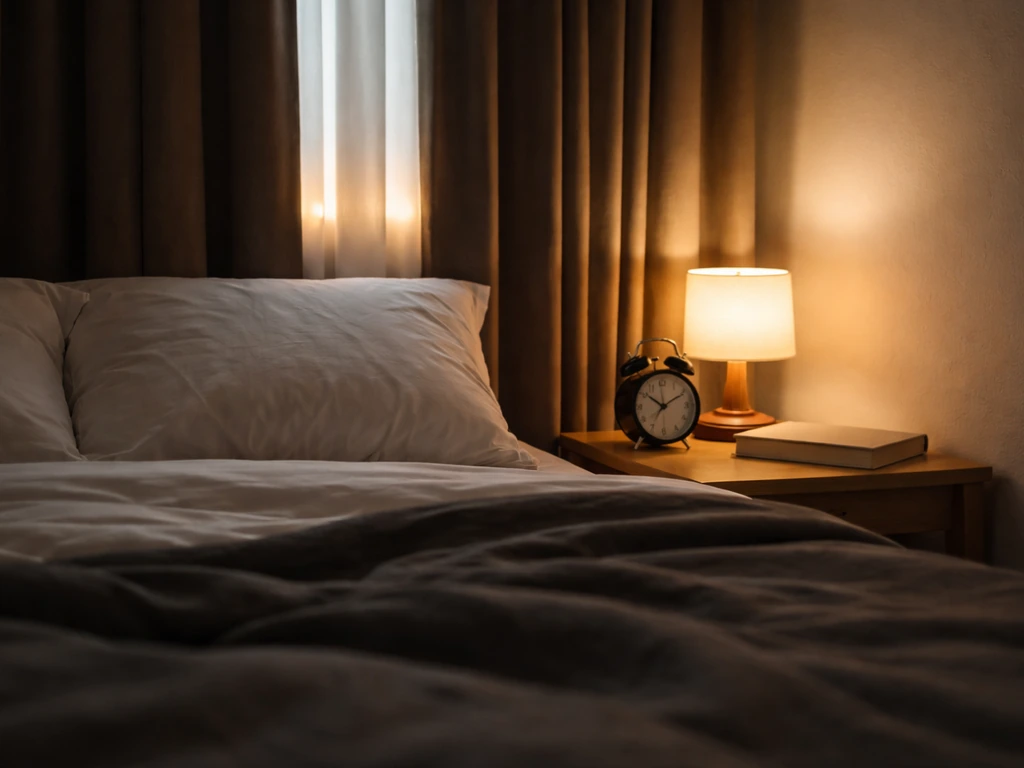 Minimal bedroom at bedtime with an alarm clock and warm blackout lighting for sleep recovery.