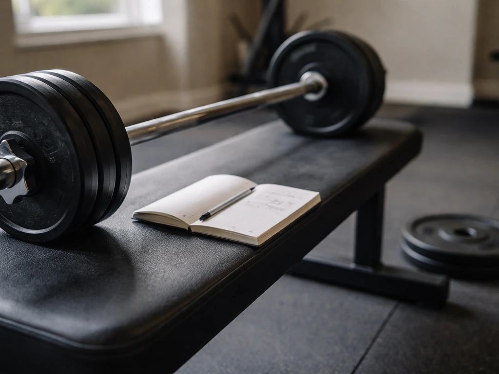 Barbell on a bench with a simple training notebook showing fewer workout entries for a deload week.