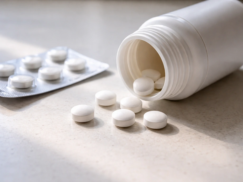 Close-up of a supplement bottle with white amino tablets and an open blister pack on a clean countertop.