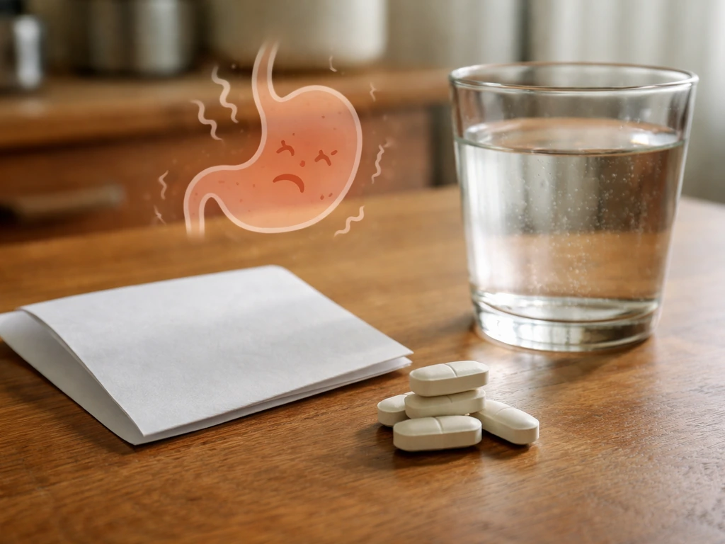 Amino acid tablets beside water with a small meal note, symbolizing GI side effects like bloating