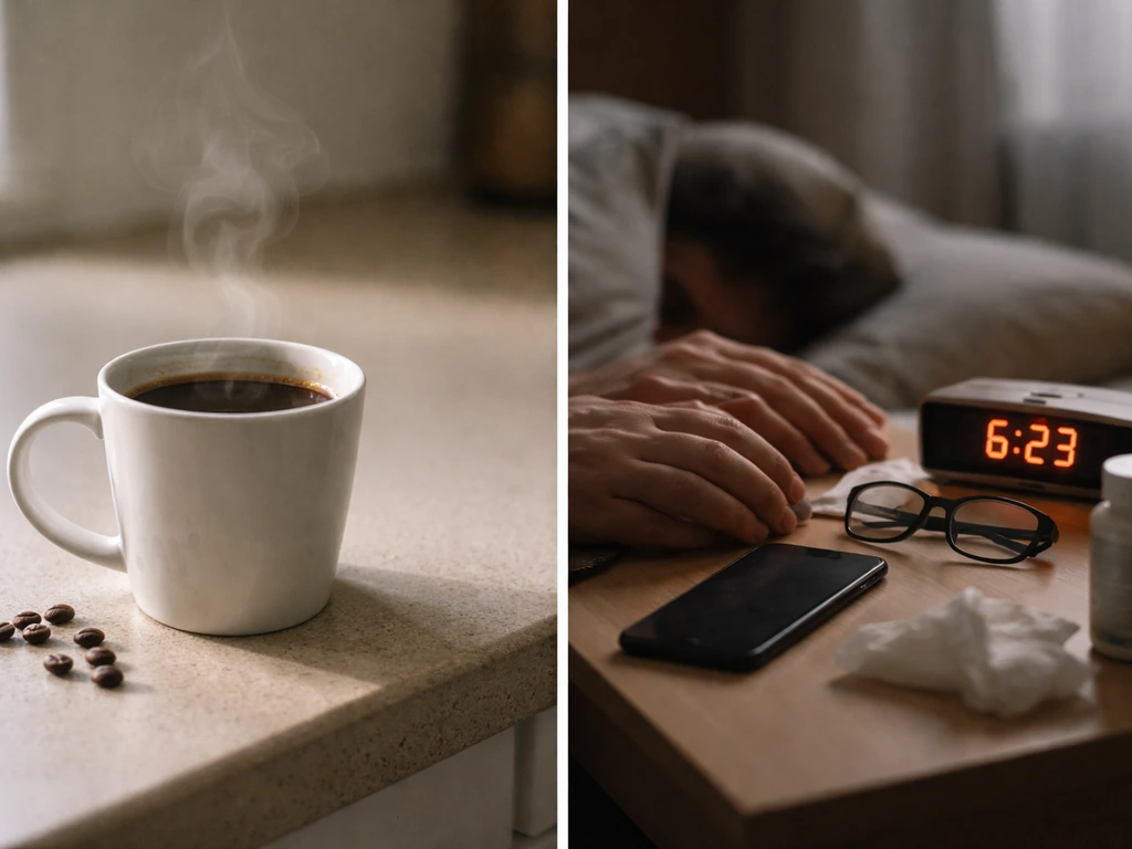 Minimal split scene: coffee on the left and bedtime items suggesting sleep loss and eye strain on the right.