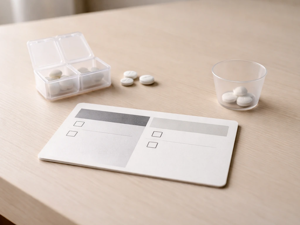 Small pill organizer with tablets, and a simple dose-adjustment card showing start low vs build up.