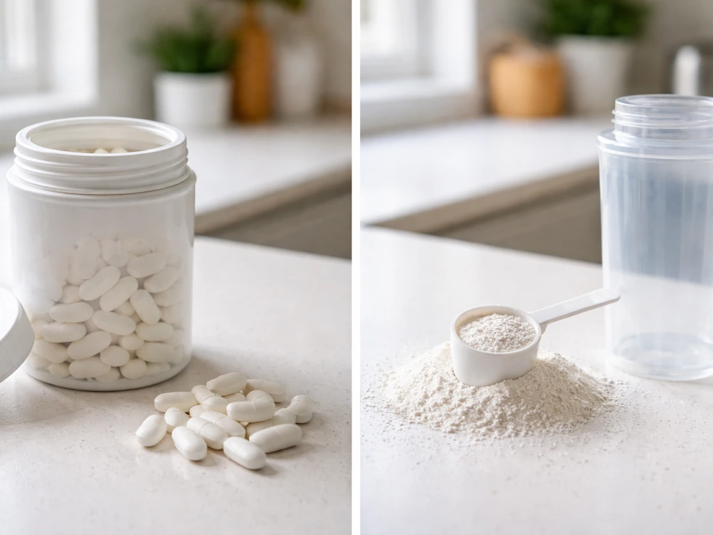 Amino tablets in a container beside a scoop of amino powder over a clear shaker bottle.