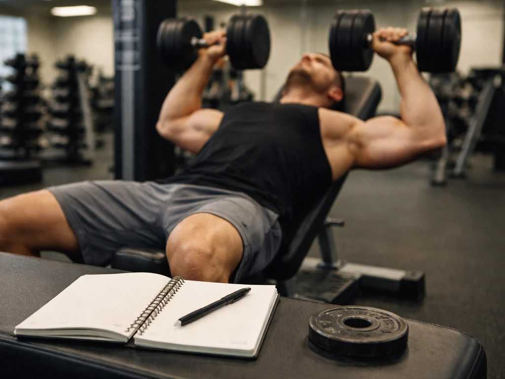 Anonymous lifter doing controlled incline dumbbell press with a notebook and pen nearby in a quiet gym.