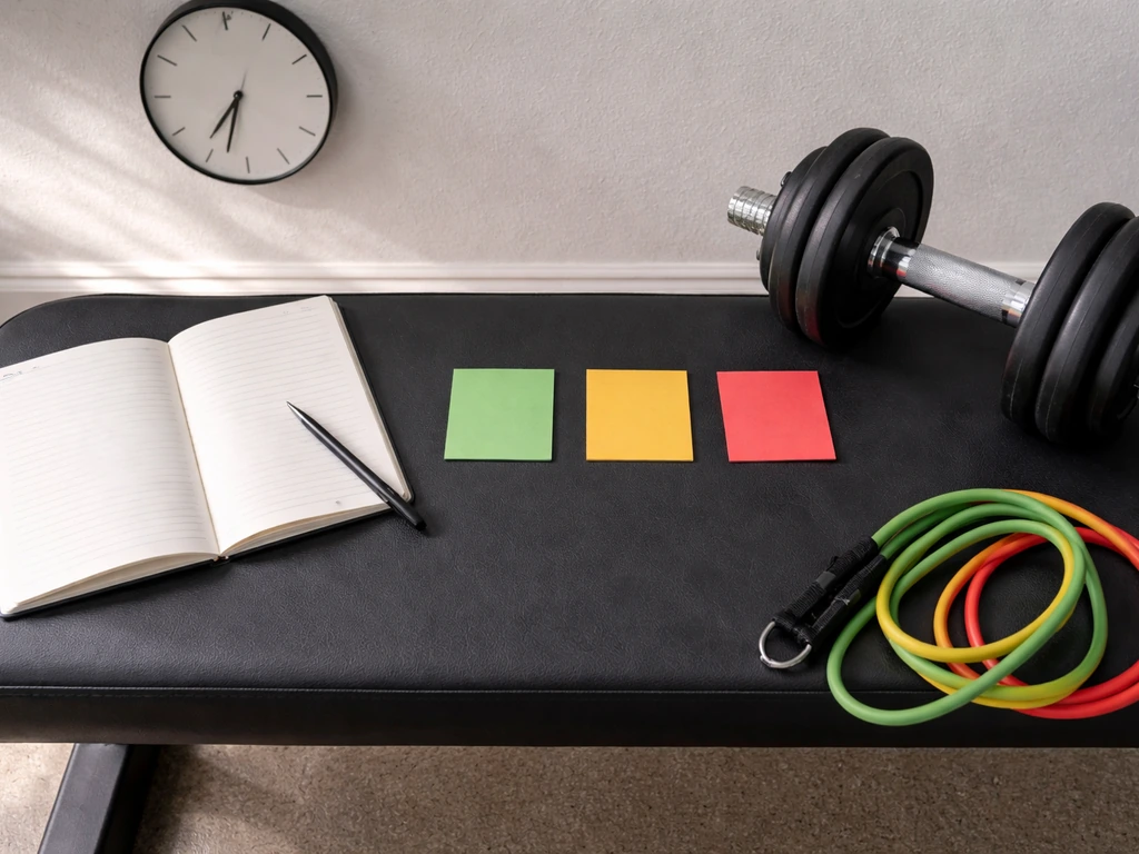 Minimal home-gym bench with dumbbell and blank cue cards implying training reasons slowing muscle growth