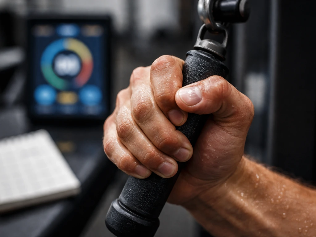 Close-up of a lifter’s grip during near-failure reps with a blurred fitness screen in the background.